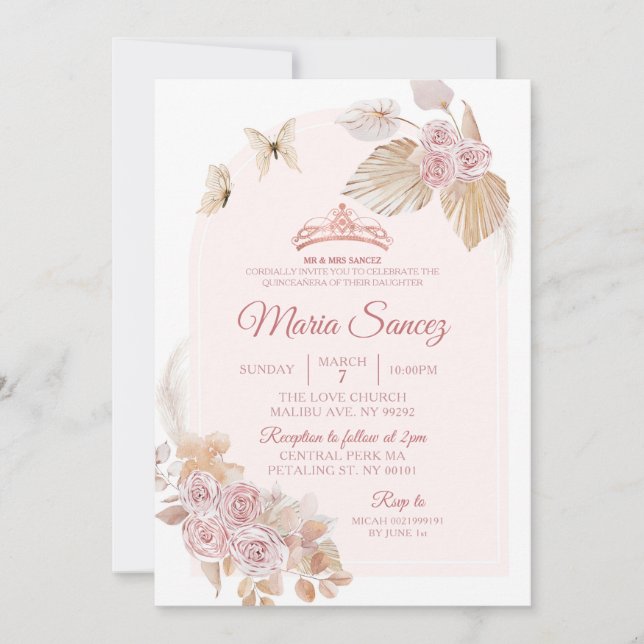 Invitación Boho Dusty Floral Rosa México Quinceañera (Anverso)