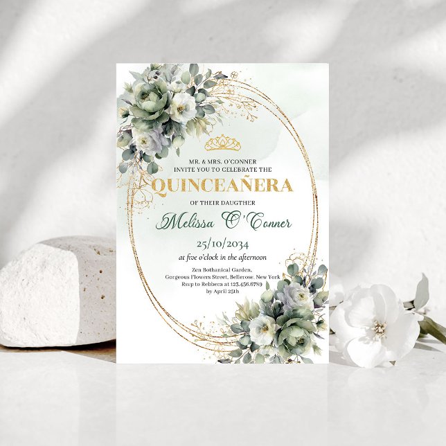Invitación Boho Dusty Green Eucalyptus Quinceañera (Boho Dusty Green Eucalyptus Quinceañera Invitation)