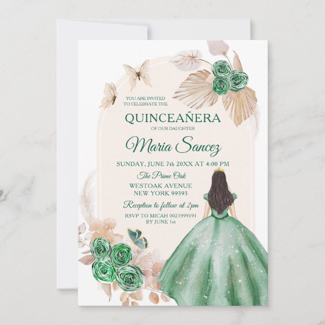 Invitación Boho Dusty Green Floral Chica mexicana Quinceañera (Anverso)