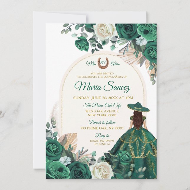 Invitación Boho Dusty Green Floral Chica mexicano Quinceañera (Anverso)