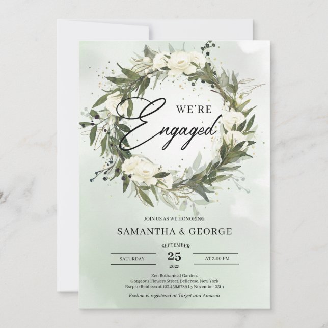 Invitación Boho Dusty Olive verde corona rosas blancas (Anverso)