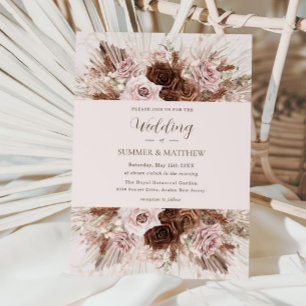 Invitación Boho Dusty Pink Brown Flowers Pampas Grass Boda