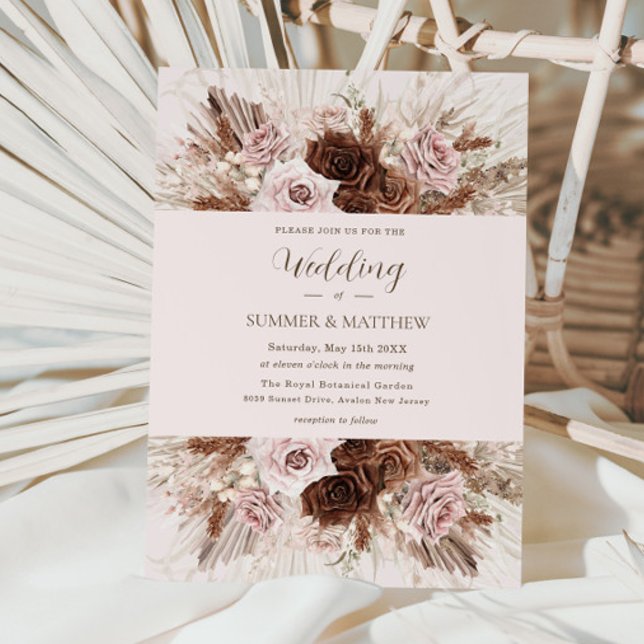 Invitación Boho Dusty Pink Brown Flowers Pampas Grass Boda (Subido por el creador)