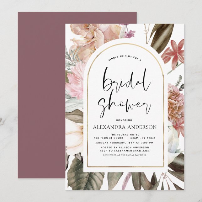 Invitación Boho Dusty Pink Burgundy Bridal Shower (Anverso / Reverso)