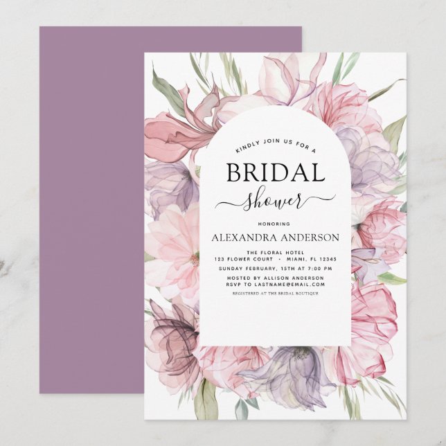 Invitación Boho Dusty Pink Purple Bridal Shower (Anverso / Reverso)