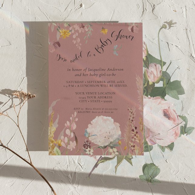 Invitación BOHO Dusty Pink Watercolor Floral Butterfly Baby (Subido por el creador)