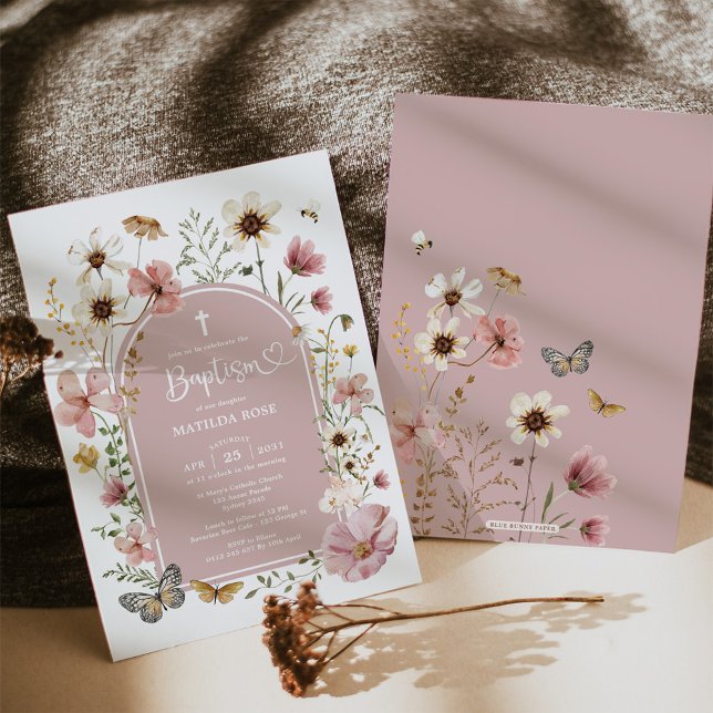 Invitación Boho Dusty Pink Wildflower Meadow Baptismo (Subido por el creador)