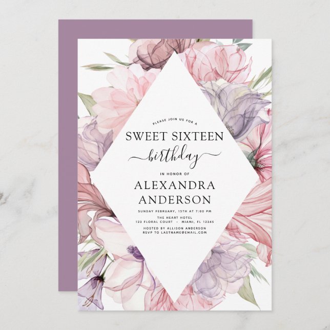 Invitación Boho Dusty Purple Sweet 16 Birthday Floral Invitat (Anverso / Reverso)