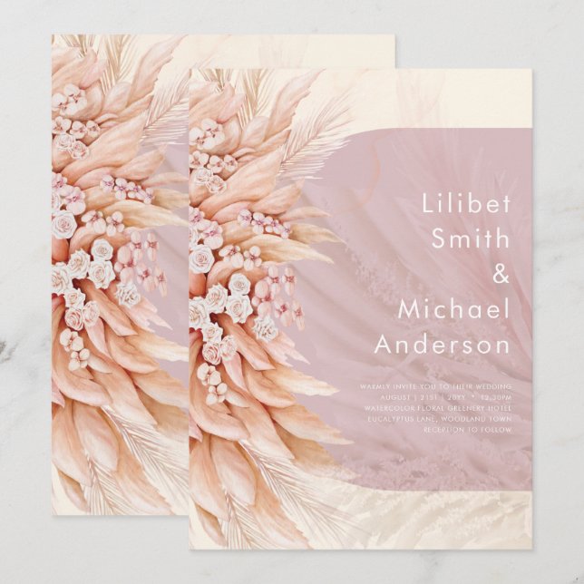 Invitación BOHO Dusty Rosa Coral PAMPAS GRASS Boda (Anverso / Reverso)