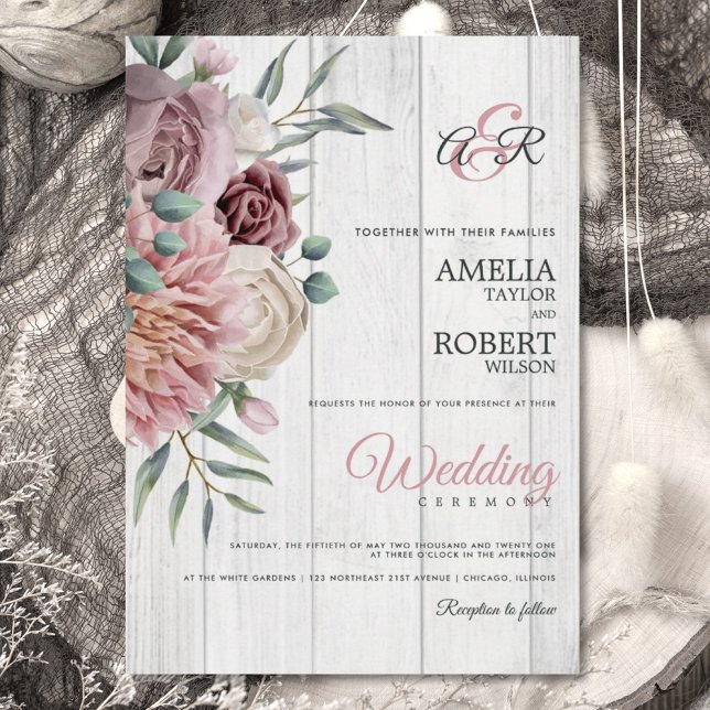 Invitación Boho Dusty Rosa Floral Wood (Subido por el creador)