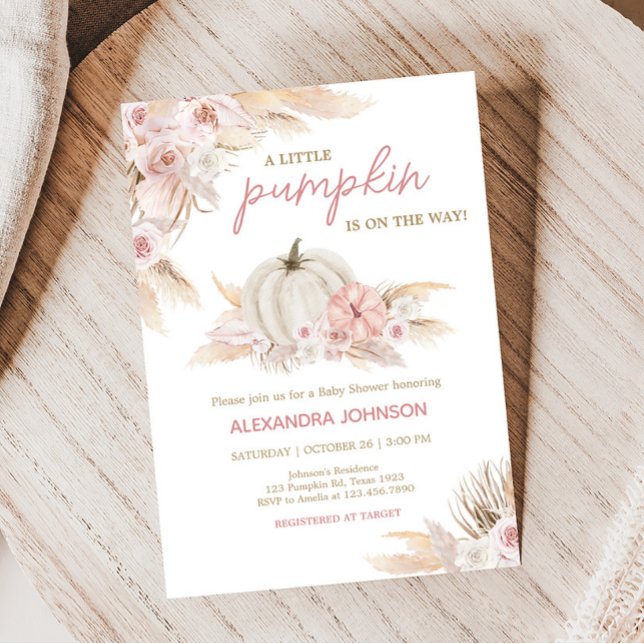 Invitación Boho Dusty Rosa Pumpkin Baby Shower (Pink Floral Pumpkin Baby Shower Invitation)