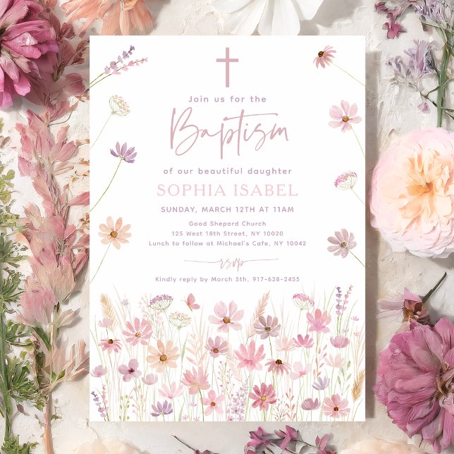 Invitación Boho Dusty Rosa Wildflowers Baptism (Subido por el creador)