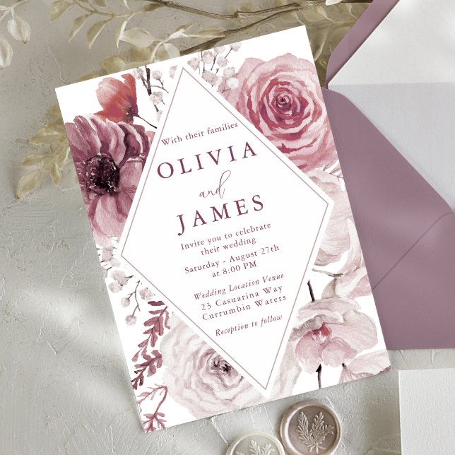 Invitación Boho Dusty Rosa y Mauve Floral Frame Boda (Subido por el creador)