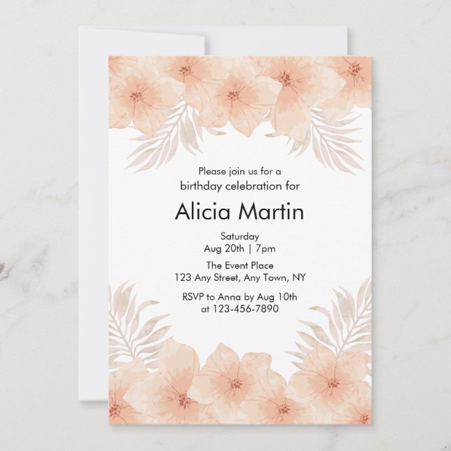 Invitación Boho Dusty Rubor Flower Palm Leaf Cumpleaños (Anverso)