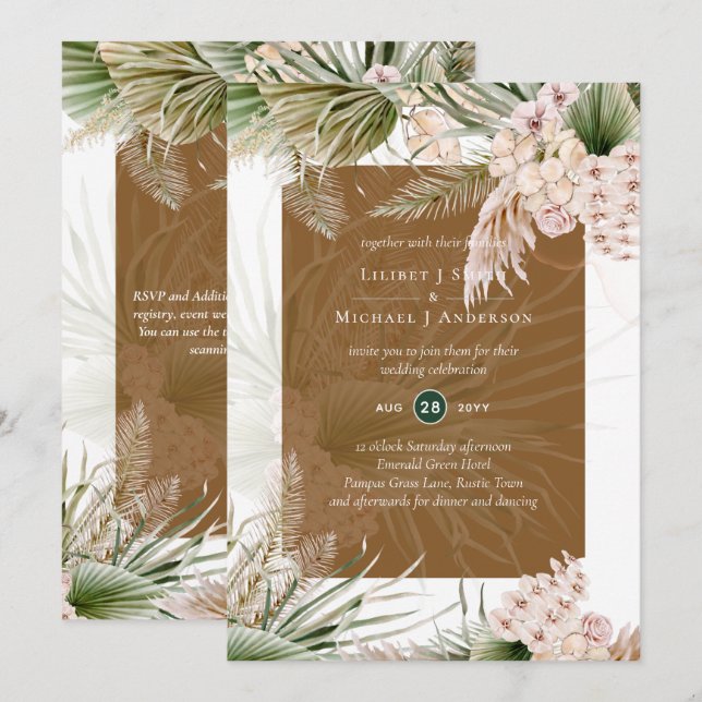 Invitación BOHO Earth Color Pampas Grasa Boda (Anverso / Reverso)