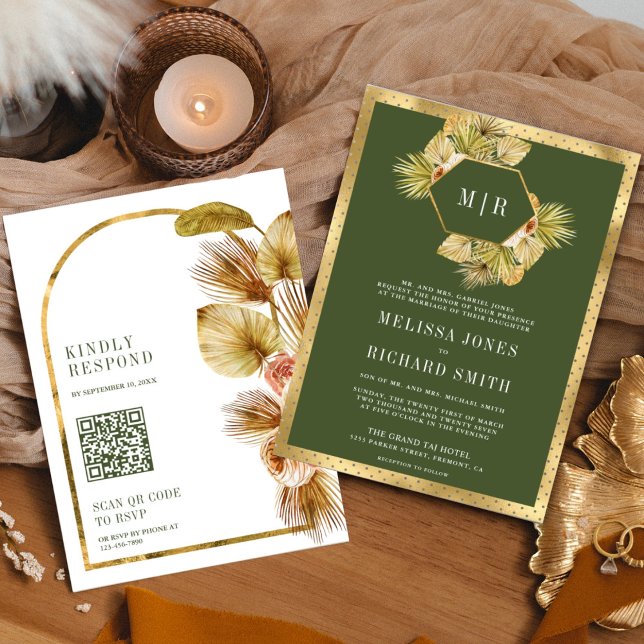 Invitación Boho Earthy Floral Olive Green QR Code Boda (Subido por el creador)