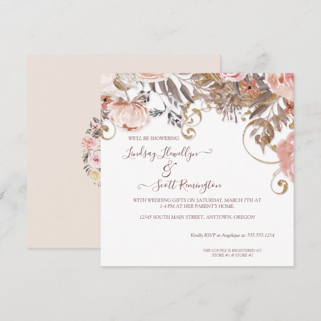 Invitación Boho Earthy Floral Rosa Rosa Dorada Parejas Dorada (Anverso / Reverso)