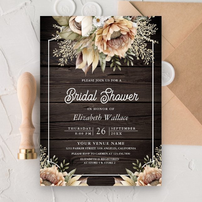 Invitación Boho Earthy Floral Taupe Foto Madera Ducha de novi (Subido por el creador)