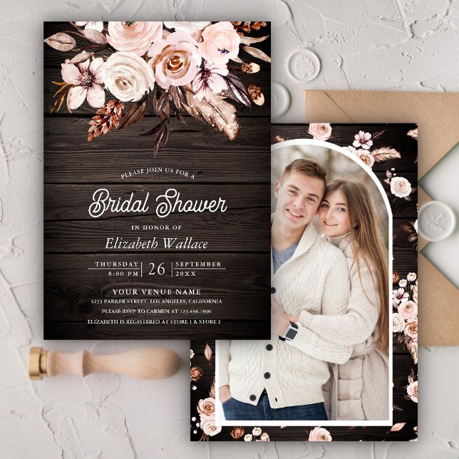 Invitación Boho Earthy Ivory Floral Foto de Wood Bridal Showe (Subido por el creador)