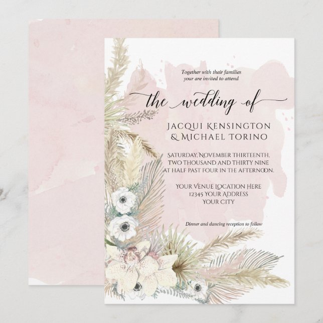 Invitación Boho Earthy Pampas Boda de Floral de acuarela de h (Anverso / Reverso)
