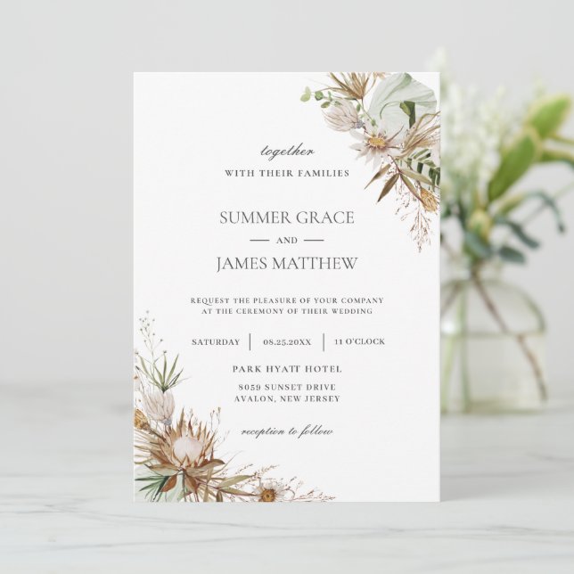 Invitación Boho Earthy Protea Dried Palm Rustic Boda   (Anverso de pie)