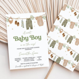 Invitación Boho editable es un Baby Shower de ropa de bebé