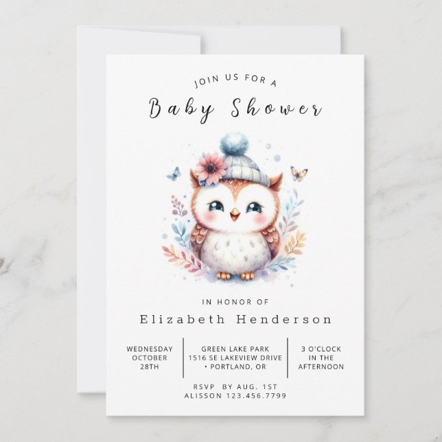 Invitación Boho Editable Owl Baby Shower (Anverso)