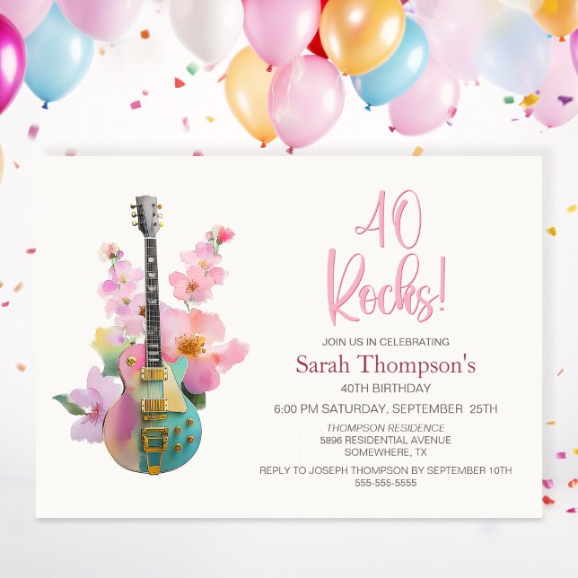 Invitación Boho Electric Guitar Pink Floral 40th Birthday (Subido por el creador)