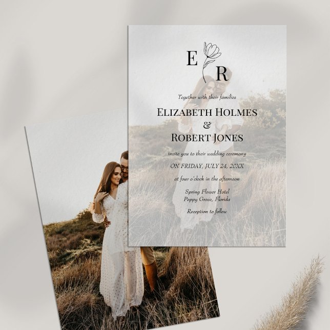 Invitación Boho Elegant Floral Monograma Personalizado Boda d (Boho Elegant Floral Monogram Custom Photo Wedding Invitation on white table with dry wildflower.)
