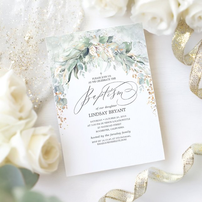 Invitación Boho Elegant Gold Purpurina Greeneration Baptism (Greenery Arch Baptism Invitation)