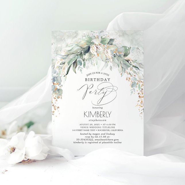 Invitación Boho Elegant Gold Purpurina Greenery Cumpleaños (Greenery Romantic Birthday Invitations)