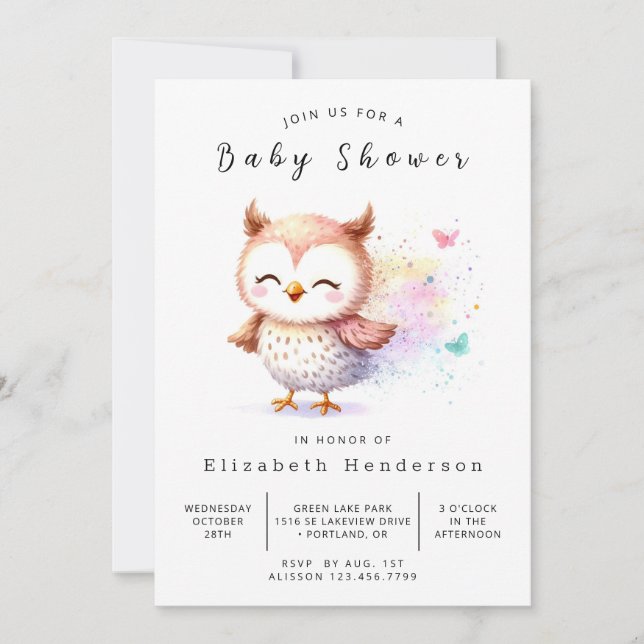 Invitación Boho Elegant Owl Baby Shower (Anverso)