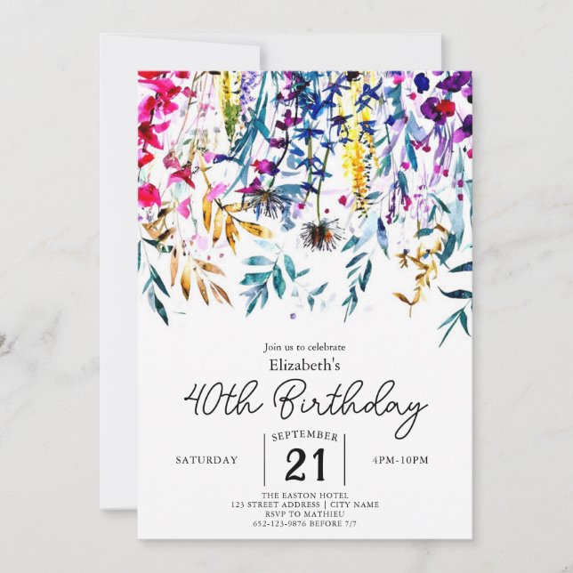 Invitación Boho Elegant Wildflowers 40 cumpleaños (Anverso)