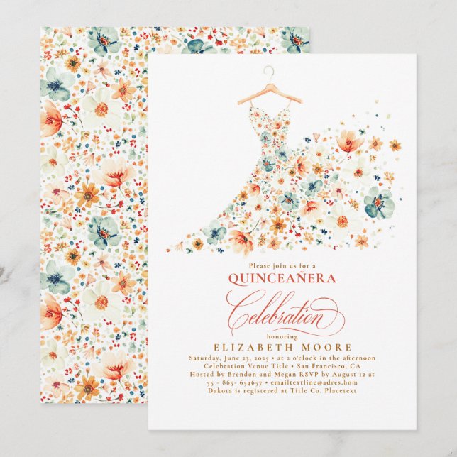 Invitación Boho Elegant Wildflowers Floral Fall Quinceanera (Anverso / Reverso)