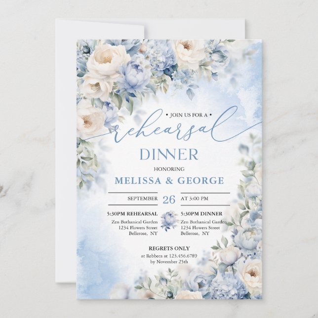 Invitación Boho Elegant Winter Dusty Blue and Ivory Flowers (Anverso)
