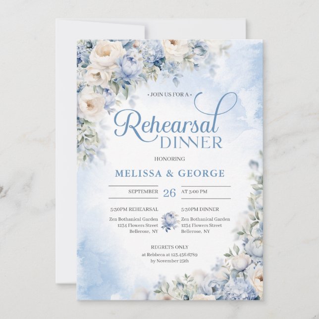 Invitación Boho Elegant Winter Dusty Blue and Ivory Flowers (Anverso)