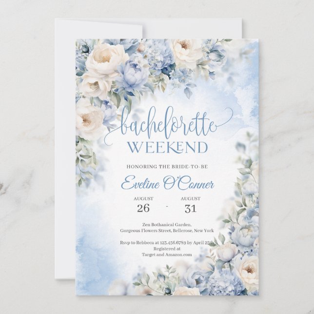 Invitación Boho Elegant Winter Dusty Blue and Ivory Flowers (Anverso)