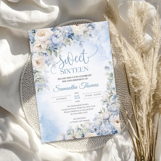 Invitación Boho Elegant Winter Dusty Blue and Ivory Flowers (Boho Elegant Winter Dusty Blue and Ivory Flowers Invitation)