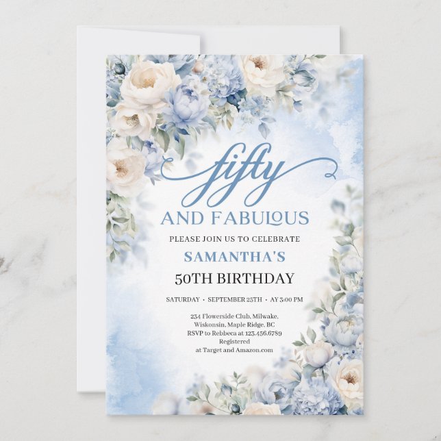 Invitación Boho Elegant Winter Dusty Blue and Ivory Flowers (Anverso)