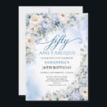 Invitación Boho Elegant Winter Dusty Blue and Ivory Flowers<br><div class="desc">Boho Elegant Winter Dusty Blue and Ivory Flowers Invitation a los 50 años. Este diseño floral de moda de color azul boho destaca por su color de agua, su polvorienta hidrangea azul de invierno pintada a mano, sus flores azules claras y sus rosas crema, y sus flores blancas y su...</div>