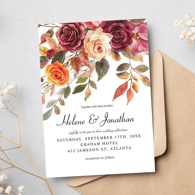 Invitación Boho elegante Boho Naranja Borgoña (Burgundy Orange Watercolor Boho Elegant Wedding Invitation)
