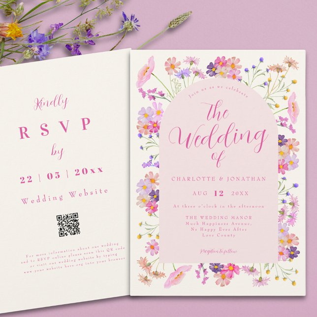 Invitación Boho Elegante Código QR Flor Silvestre Rosa Boda (Boho wildflower pink script wedding qr code invitation )