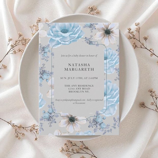 Invitación Boho elegante de Baby Shower Floral Blue Silver (Subido por el creador)