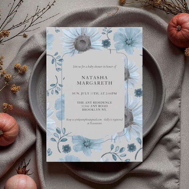 Invitación Boho elegante de Baby Shower Floral Blue Silver (Subido por el creador)