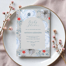 Invitación Boho elegante de Baby Shower Floral Blue Silver