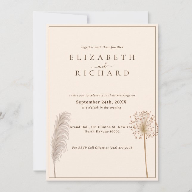 Invitación Boho elegante de pampas (Anverso)