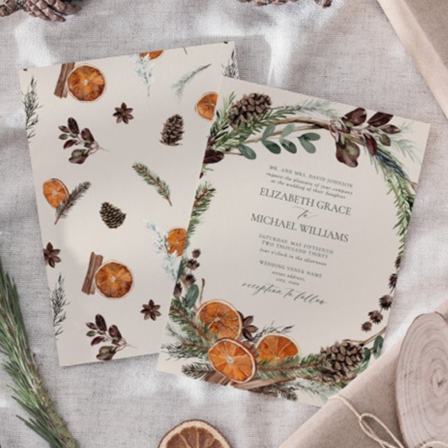 Invitación Boho Elegante Formal Verdor Citrus Boda de Inviern (Easily personalize this formal bohemian citrus invitation for the perfect fall or winter wedding)