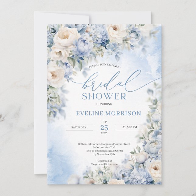 Invitación Boho Elegante invierno polvoriento flores azules y (Anverso)