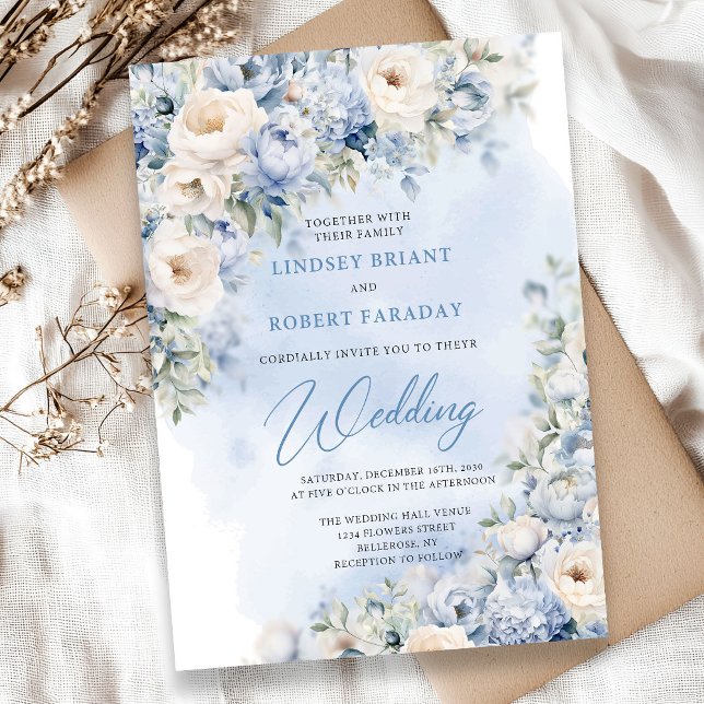 Invitación Boho Elegante invierno polvoriento flores azules y (Boho blue winter flowers greenery and gold wedding invitation digital)