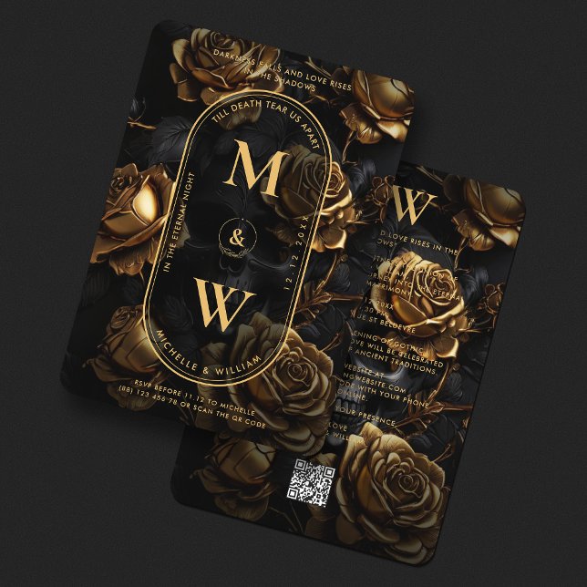 Invitación Boho elegante monograma Rosa de cráneo gótico oro  (Gothic Skull Rose Boho Elegant Monogram Black Gold Invitation
)